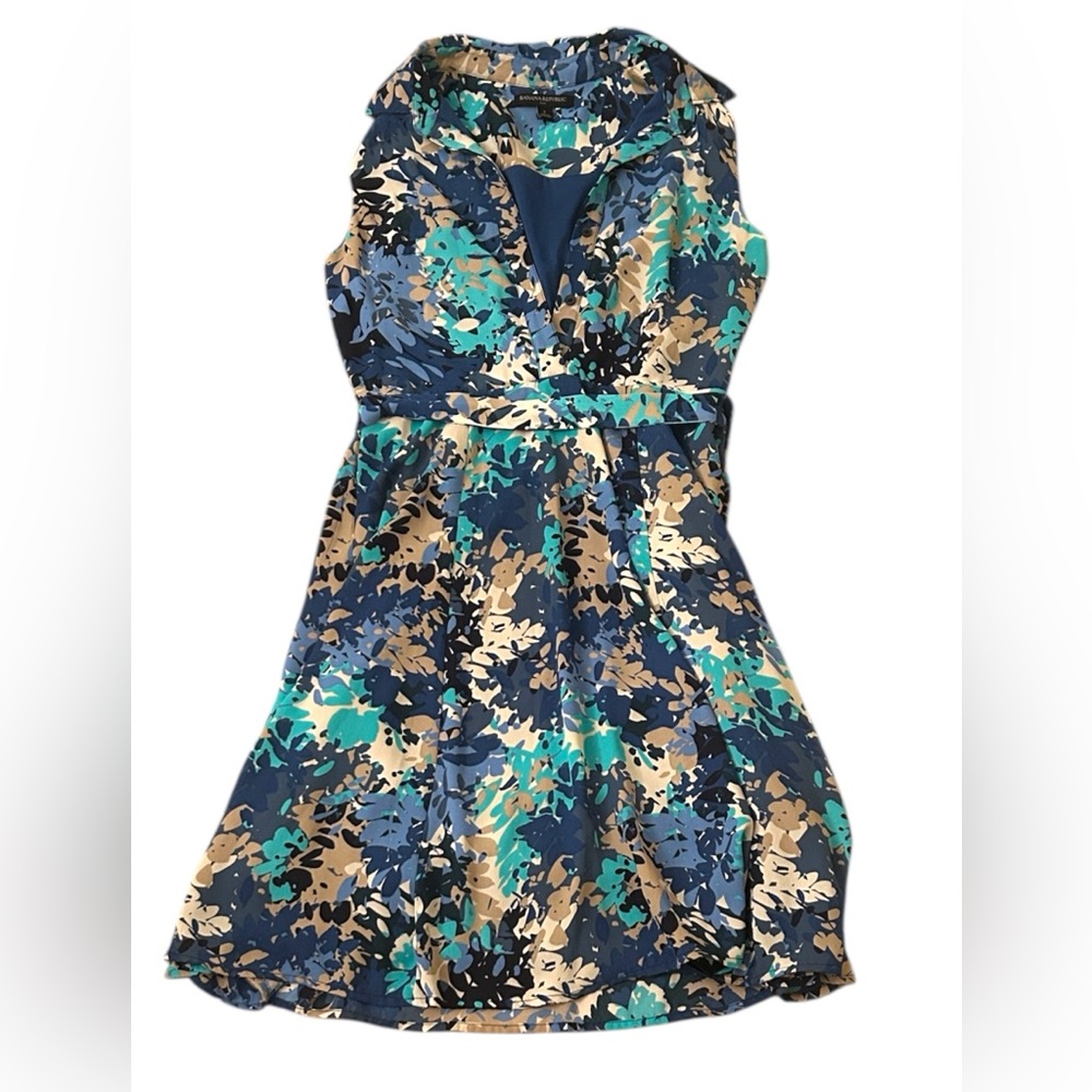 Banana Republic Floral Blue Green White Sleeveless Button V Neck Dress Size 2